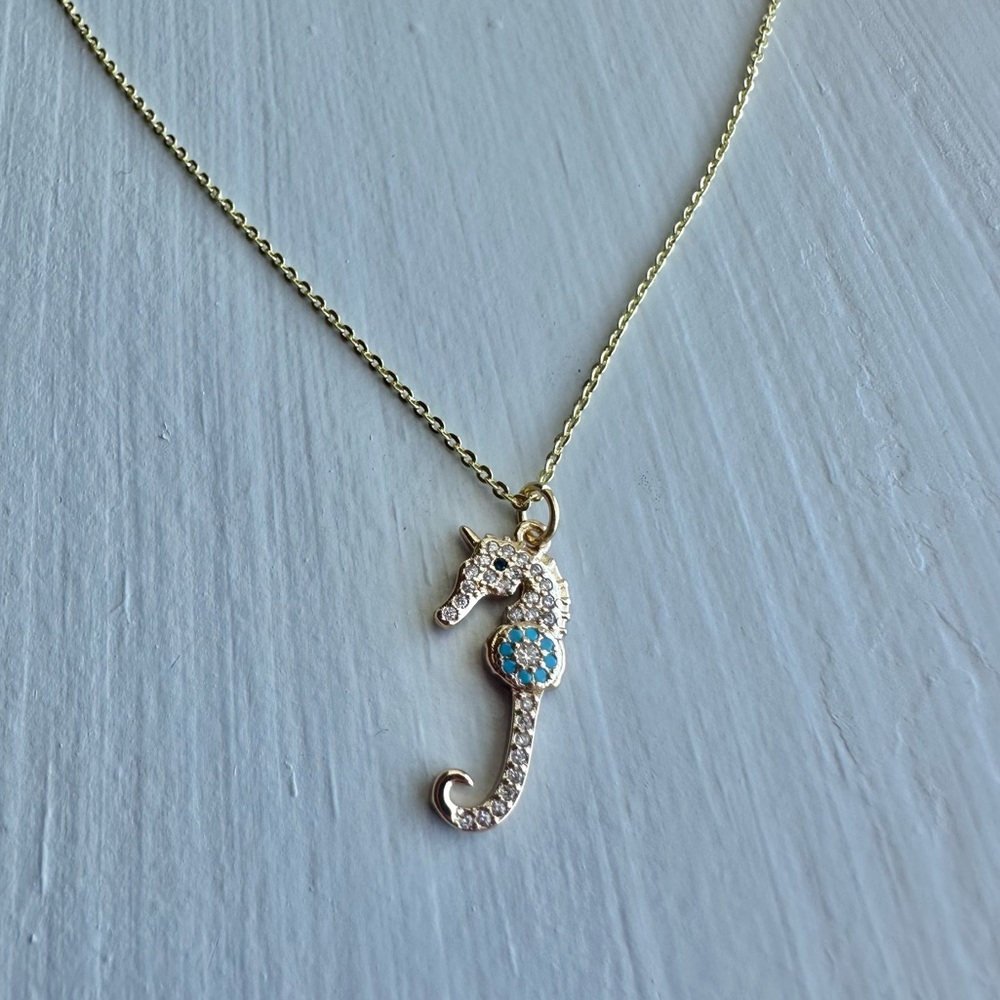 14K Gold Plated Seahorse Necklace – Coastal Beach Pendant with Zircon Accents